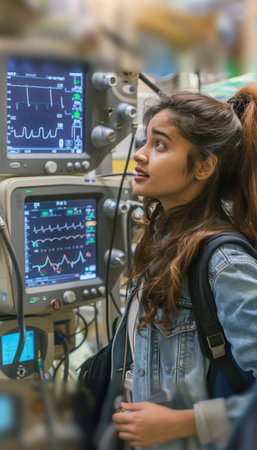 A young woman, focused and determined, delves into the intricacies of modern medical equipment within a hospital setting Her study exemplifies the vital role technology plays in contemporary medical education, bridging the gap between theory and practice The image captures the dynamic intersection of healthcare and innovation, shaping the future of medicine AI Generativeの素材
