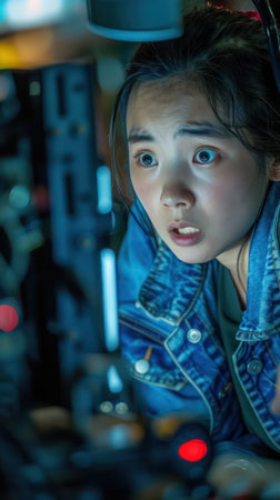 A teenager, eyes wide with shock or intense focus, stares at a monitor in a dimly lit room  Wearing a denim jacket, they are captivated by the digital world before them, their expression reflecting the intensity of their engagement  The image captures the power of technology in modern life, leaving the viewer to ponder the story behind the screen AI Generativeの素材