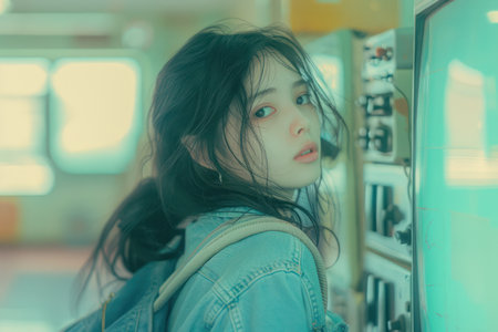 A wistful young woman gazes into the distance, bathed in soft natural light The vintage setting evokes a sense of nostalgia, while her pensive expression reveals subtle emotions This captivating portrait captures the beauty of quiet contemplation and the enduring power of memory AI Generativeの素材