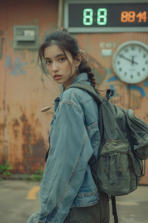 A young woman exudes effortless cool in a classic jean jacket and backpack, her gaze fixed on a vintage clock amidst vibrant urban graffiti  Timeless fashion meets youthful expression in this casual, thoughtful street style pose, capturing the essence of city living AI Generativeの素材