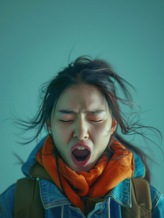 A captivating portrait of a young woman, her mouth agape in a genuine yawn, captured against a soft green backdrop She wears a blue denim jacket and a vibrant orange scarf, adding pops of color to the composition The natural light highlights her delicate features and captures the raw emotion of exhaustion, creating a relatable and engaging image AI Generativeの素材