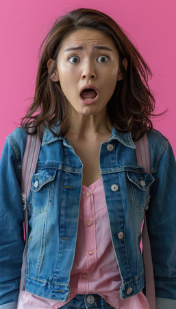 A young woman with long hair, wearing a denim jacket, stands against a vibrant pink background Her eyes are wide with surprise, capturing a candid moment of shock and disbelief The trendy outfit and unexpected emotion create a striking contrast, showcasing a raw and relatable expression AI Generativeの素材