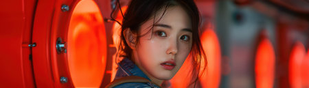 A captivating portrait of a woman, set against a vibrant red background punctuated by circular portholes Her expression is both enigmatic and alluring, captivating the viewer with her captivating gaze The use of bold colors and modern artistic techniques creates a powerful and intriguing visual experience AI Generativeの素材