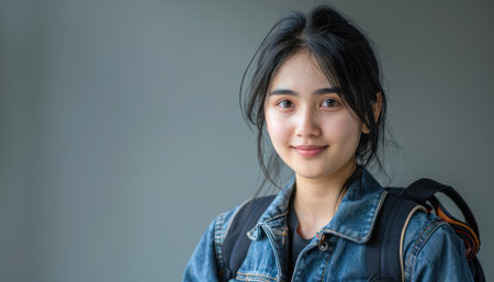 A young woman exudes casual confidence in this portrait  She stands against a neutral backdrop, her denim jacket and backpack adding a touch of youthful energy  Her relaxed pose and subtle smile capture a sense of independence and optimism  The indoor setting provides a clean and contemporary feel AI Generativeの素材