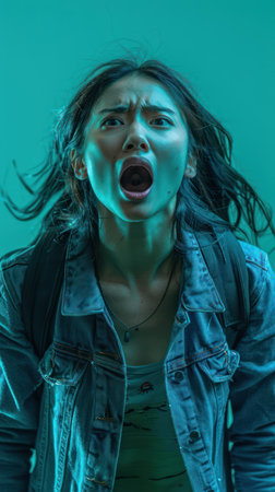 A captivating portrait infused with vibrant lighting captures the raw essence of intense emotion The subject&#39;s expression, whether surprise, fear, or shock, is palpable, drawing the viewer into a moment of raw vulnerability and heightened drama  This artistic composition invites contemplation and interpretation, exploring the depths of human experience AI Generativeの素材