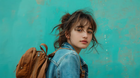 A young woman, lost in thought, stands against a vibrant turquoise wall in an urban setting She wears a denim jacket and a backpack, her casual style reflecting a sense of adventure Her contemplative expression and the backdrop of the city create a mood of introspection and youthful exploration AI Generativeの素材