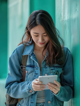 A young woman, radiating casual cool in a denim jacket, leans against a vibrant green wall She smiles as she interacts with a digital tablet, her focus on the screen  Enjoying the ease and connection of technology, she embodies a carefree urban lifestyle AI Generativeの素材