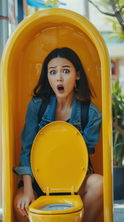 A woman sits on a bright yellow toilet in a whimsical, colorful indoor setting Her wide eyes and open mouth convey surprise and amusement The vibrant surroundings, featuring playful shapes and patterns, create a unique and unexpected environment This photo captures a moment of unexpected delight and humorous absurdity AI Generativeの素材
