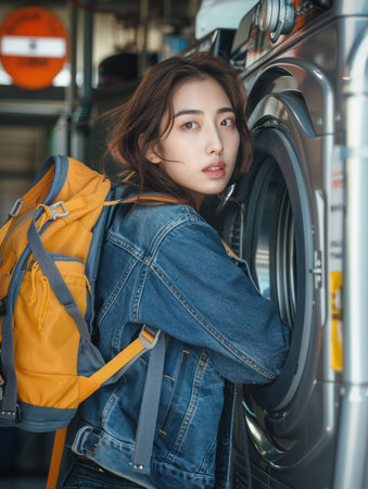 A young woman, clad in a denim jacket and carrying an orange backpack, stands intently by a washing machine in a modern laundry room The industrial setting and her concentrated expression capture the everyday chore of laundry in an urban lifestyle The image evokes a sense of focus and practicality, highlighting the routine tasks that shape our lives AI Generativeの素材
