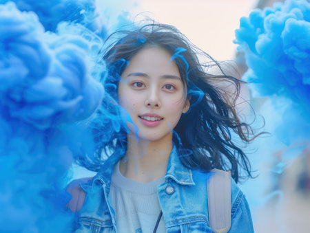 A carefree young woman radiates joy amidst a vibrant blue smoke cloud, her flowing hair adding to the ethereal atmosphere  Wearing a denim jacket, she smiles with youthful energy, capturing the fleeting beauty of a moment outdoors  The colorful scene evokes a sense of freedom and boundless possibilities AI Generativeの素材