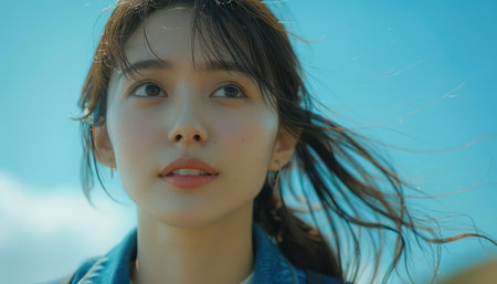 A young woman radiates natural beauty against a backdrop of vibrant blue sky Gentle breezes caress her, enhancing her youthful glow  Sunlight illuminates her features, capturing her essence in a serene portrait The image evokes a sense of peace and tranquility, celebrating the beauty of youth AI Generativeの素材