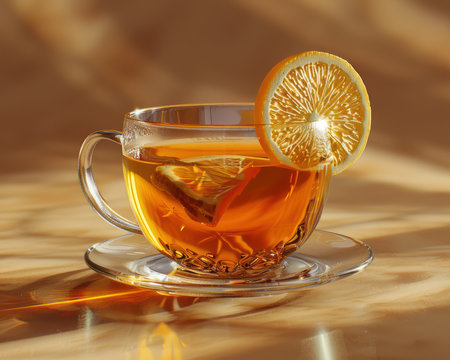 A steaming cup of lemon tea, its golden hue illuminated by warm, soft lighting, sits invitingly on a saucer The clear glass reveals the delicate lemon slices, their citrusy scent filling the air The cozy ambiance creates a sense of tranquility and comfort, perfect for a relaxing moment AI Generativeの素材