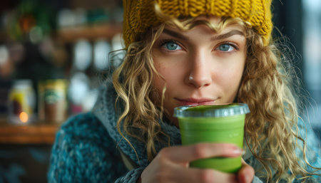 A woman in a cozy knitted hat and sweater sips a vibrant green smoothie, finding warmth and wellness amidst a chilly winter day The steam rising from her drink and the soft glow of the cafe create a sense of comforting intimacy This image encapsulates the essence of seasonal comfort and self-care AI Generativeの素材