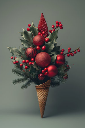 A festive Christmas arrangement bursts with holiday cheer! Lush greenery and vibrant red ornaments cascade down a sleek cone, blending traditional elegance with modern design Perfect for adding a touch of festive flair to your home decor this holiday season AI Generativeの素材