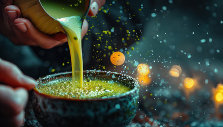 A captivating artistic shot of a warm beverage being poured, creating a cozy and inviting atmosphere Vibrant colors and sparkling details dance in the steam, inviting viewers to experience the warmth and comfort of the moment The enchanting visual evokes a sense of relaxation and pleasure, perfect for showcasing the beauty of simple joys AI Generativeの素材