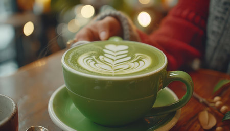 A perfectly crafted latte art swirls in a vibrant green ceramic mug, inviting you into a cozy cafe setting Steam curls gently, hinting at the warmth of the drink and the relaxed ambiance This image captures the essence of coffee culture,  a moment of peace and indulgence for both enthusiasts and casual sippers AI Generativeの素材