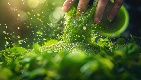 A captivating photo capturing the vibrant energy of nature in motion Lush green leaves burst forth in a splash of color, creating a dynamic composition that celebrates the synergy of nature and movement Experience the immersive power of greenery and the captivating beauty of life's fleeting moments AI Generativeの素材