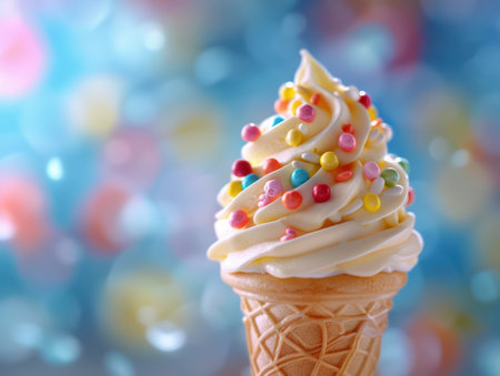 A creamy soft serve ice cream cone, adorned with a vibrant rainbow of sprinkles, takes center stage against a dreamy bokeh background The perfect summer treat, this image captures the playful joy of ice cream with an enticing close-up perspective, ideal for food photography inspiration and promotions AI Generativeの素材