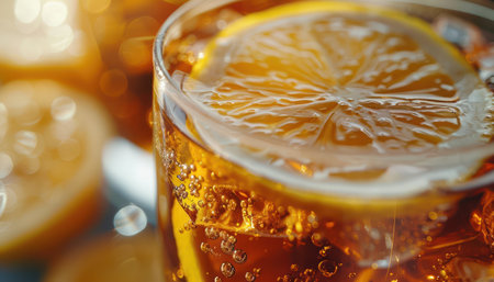 A close-up shot of a refreshing lemon iced tea, bursting with bubbly carbonation Slices of citrus add a vibrant pop of color and a burst of freshness This image is perfect for summer beverage promotions, emphasizing the drink&#39;s invigorating taste and citrusy flavor AI Generativeの素材