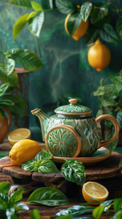 A captivating photo showcasing an elegant green teapot nestled amidst a vibrant lemon garden Lush foliage and plump lemons create a refreshing scene, ideal for kitchen decor, tea lovers, and nature enthusiasts The image evokes serenity and the joy of a simple pleasure AI Generativeの素材