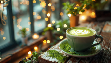 Escape to a tranquil outdoor cafe bathed in warm light A steaming matcha latte sits amidst rustic charm, surrounded by lush greenery and twinkling fairy lights The serene ambiance invites relaxation and enjoyment, creating the perfect escape from the everyday AI Generativeの素材