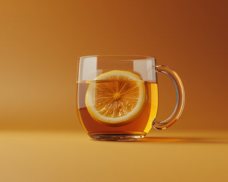 A steaming mug of hot lemon tea, filled with vibrant yellow slices, sits on a warm orange background The transparent glass showcases the golden liquid and the refreshing citrus This close-up shot is perfect for illustrating beverage, health, wellness, and refreshment concepts AI Generativeの素材