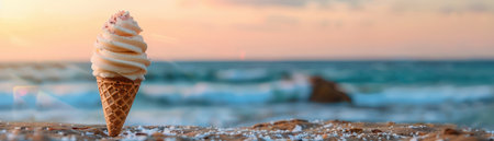 Indulge in the ultimate summer escape! A refreshing ice cream cone stands tall against a backdrop of golden sunset hues and gentle ocean waves crashing on a sandy beach This idyllic scene embodies the essence of relaxation, enjoyment, and refreshing fun on a perfect holiday by the sea AI Generativeの素材