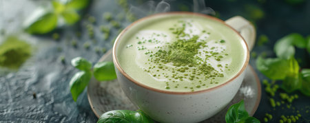 A comforting bowl of creamy matcha latte, nestled amongst fresh green leaves and a sprinkle of powder, invites you to relax and savor the moment The rustic table setting adds warmth and charm, making this the perfect photo for a morning or afternoon break The aroma is as inviting as the presentation, promising a deliciously calming experience AI Generativeの素材