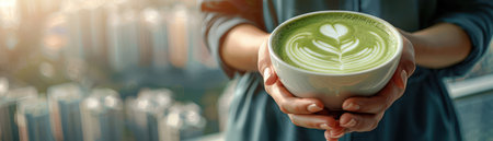 A woman savors a warm matcha latte adorned with heart-shaped latte art, overlooking a vibrant cityscape from a rooftop cafe balcony Morning sunlight bathes the scene, creating a picturesque moment of urban serenity and delicious indulgence The perfect blend of city life and cafe culture AI Generativeの素材