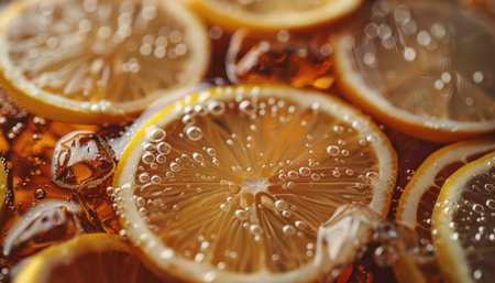 A vibrant close-up of lemon slices submerged in a fizzy beverage, showcasing effervescent bubbles and bright citrus The image captures the refreshing essence of summer drinks, ideal for showcasing soda, cocktails, and other thirst-quenching beverages AI Generativeの素材