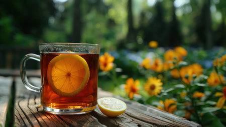 A refreshing glass mug of lemon tea sits on a rustic wooden table, bathed in the golden glow of a sunny day Vibrant yellow flowers and lush greenery create a cheerful backdrop, evoking the warmth and tranquility of summer The condensation on the mug and the steaming tea invite a moment of respite and enjoyment AI Generativeの素材