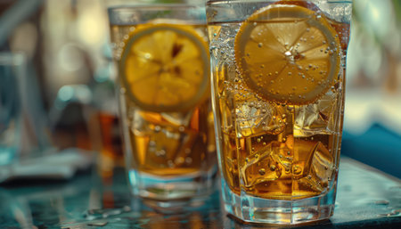 A refreshing summer escape in a glass Crystal-clear iced tea, infused with zesty lemon slices, glistens in the sunlight Ice cubes clink and condensation beads on the chilled glasses, promising a cool and invigorating drink to quench your thirst on a warm day AI Generativeの素材