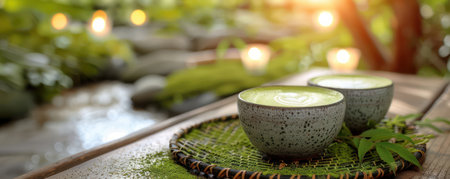 A serene green tea garden bathed in sunlight evokes a Zen ambiance Lush greenery and gentle breezes create a sense of peace and harmony, inviting moments of tranquility and wellness Find solace and rejuvenation amidst nature&#39;s embrace AI Generativeの素材