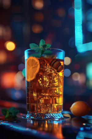 A refreshing iced tea, infused with lemon and mint, sits in a dimly lit urban setting Its vibrant color and condensation gleam under soft light, creating an alluring contrast against the backdrop of city life The perfect beverage for a cozy evening or a night out, this image captures the essence of both relaxation and excitement AI Generativeの素材