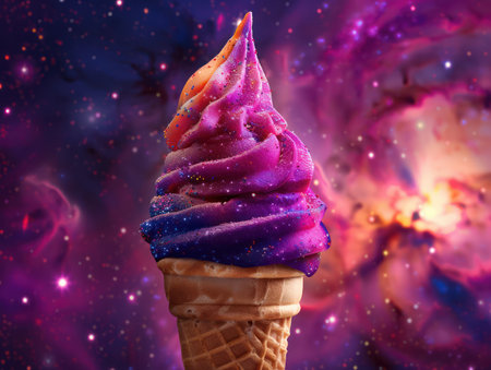 A whimsical ice cream cone stands against a mesmerizing cosmic backdrop Swirls of purple, pink, and orange paint the nebula, while sparkling stars twinkle in the distance The scene evokes a sense of wonder and dreams, as if the cone itself is a celestial treat from another world AI Generativeの素材