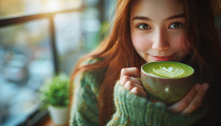 A young woman finds serenity in a cozy setting, bathed in natural light streaming through a window She savors a warm matcha latte, surrounded by lush indoor greens that enhance the tranquil ambiance The scene exudes a sense of peace and comfort, inviting viewers to embrace a moment of quiet reflection AI Generativeの素材