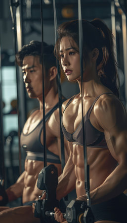 Capture the raw energy of dedicated individuals pushing their limits in the gym This inspirational image showcases the strength, determination, and intensity of a weightlifting session Witness the passion and focus as they embark on their fitness journeys, leaving no stone unturned in their pursuit of physical excellence AI Generativeの素材