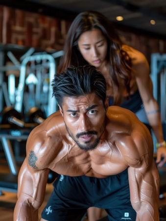 A fit couple pushes their limits during an intense gym workout They lift weights, building muscle and achieving fitness goals together Their determination and focus are evident as they strive for a healthy lifestyle, motivating each other every step of the way AI Generativeの素材