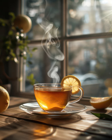 A steaming cup of tea with a lemon wedge sits by a sunlit window, inviting warmth and tranquility The aroma of fresh lemon fills the kitchen, creating a cozy morning scene Soft natural light bathes the tranquil space, offering a moment of peaceful relaxation AI Generativeの素材
