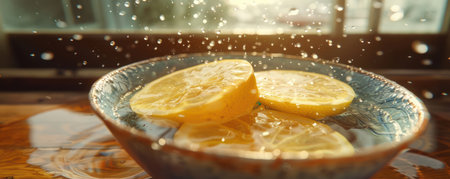 A vibrant close-up of sunlit lemon slices in a ceramic bowl, captured mid-splash as water droplets cascade around them The golden morning light streams through a window, illuminating the citrus with a refreshing glow This image evokes a sense of invigorating freshness and natural beauty AI Generativeの素材