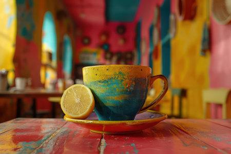 A vibrant coffee cup, kissed by a lemon slice, basks in warm sunlight The rustic cafe setting buzzes with a creative ambiance, featuring colorful decor and a cozy atmosphere  The artistic high-quality image captures the essence of a charming and inviting space, perfect for inspiration and connection AI Generativeの素材