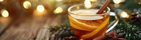 A warm and inviting glass mug filled with festive cinnamon and orange infused tea  Sparkling Christmas lights create a cozy ambiance, while a pine branch adds a touch of nature&#39;s beauty This image embodies the warmth and cheer of the holiday season, perfect for any winter celebration AI Generativeの素材