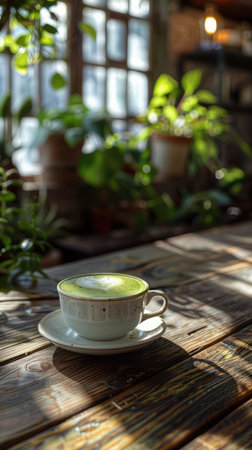 A tranquil morning escape unfolds within a sunlit haven A steaming matcha latte rests amidst lush greenery, creating a serene indoor garden setting Soft light filters through windows, bathing the scene in a warm, peaceful glow, inviting relaxation and quiet contemplation AI Generativeの素材