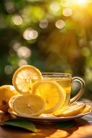A refreshing glass of lemon tea, bursting with sunshine and citrus flavor, sits amidst a sunlit garden  Fresh lemon slices and verdant greenery provide a vibrant backdrop, highlighting the natural beauty of this perfect summer beverage  Escape to a moment of outdoor relaxation with this enticing image AI Generativeの素材