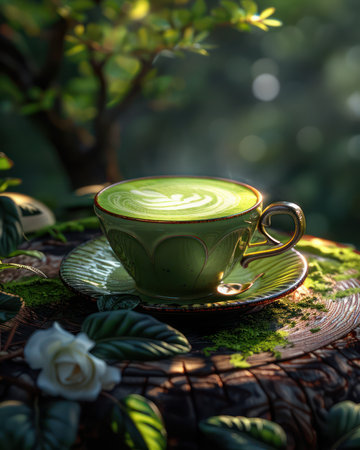 Find tranquility in a serene forest morning A steaming matcha latte in an elegant green cup sits amidst a peaceful garden setting, surrounded by sunlit foliage, delicate floral details, and fresh air Capture the essence of calm and renewal in this idyllic scene AI Generativeの素材