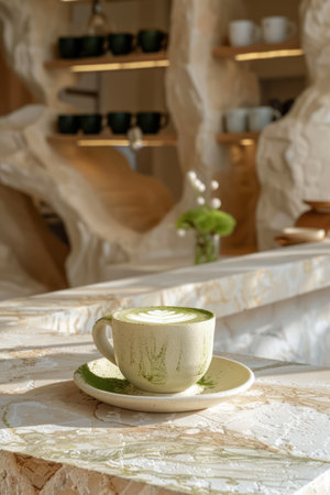 A tranquil coffee shop interior bathed in soft light Rustic decor adds warmth to the modern aesthetic A steaming cup of green tea matcha latte rests on a marble table, inviting relaxation This cozy setting exudes peace and tranquility, perfect for a moment of quiet contemplation AI Generativeの素材