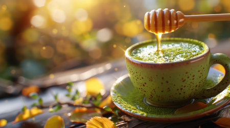 A steaming cup of warm herbal green tea, sweetened with honey, rests on a rustic wooden table bathed in warm sunlight Lush green leaves frame the scene, creating a serene oasis This idyllic setting offers a moment of tranquility and health, perfect for a relaxing morning AI Generativeの素材