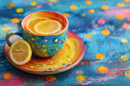 A vibrant teacup overflows with color, adorned with a slice of lemon, set against a whimsical, abstract backdrop This cheerful and inspiring image evokes creativity and joy, perfect for adding a touch of whimsy to home decor, social media, or artistic projects AI Generativeの素材