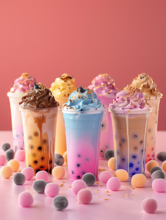 A vibrant array of bubble tea delights in trendy pastel hues Whipped cream crowns each cup, adorned with playful sprinkles Colorful tapioca pearls dance around the cups, creating a sweet symphony of textures and flavors A light pink backdrop adds a touch of whimsy to this playful scene AI Generativeの素材
