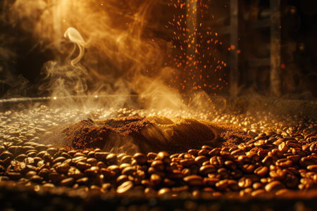 A mesmerizing tableau of coffee roasting artistry Aromatic beans dance in a traditional roaster, their rich hues intensifying as steam billows around them The vibrant spectacle captures the essence of coffee&#39;s transformation, inspiring both enthusiasts and baristas with its captivating beauty AI Generativeの素材